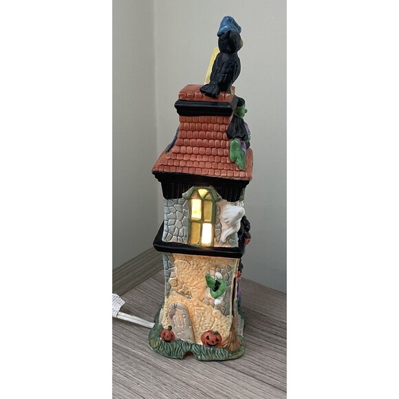 Vintage Halloween Lighted Porcelain Haunted House Decoration Ghosts Witch Bat - Picture 11 of 11